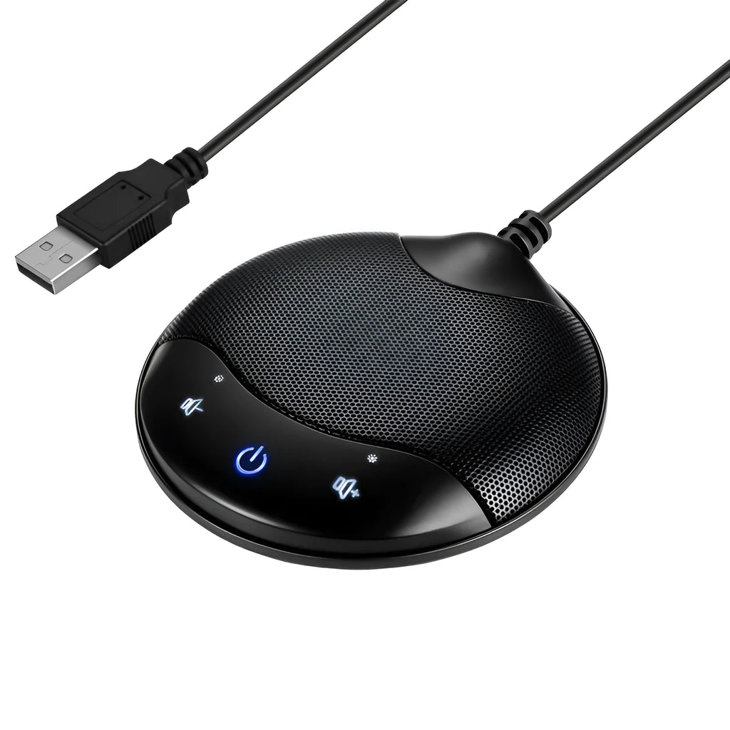 Black USB condenser microphone for conference and recording with 9x9x1.7cm desktop dimensions
