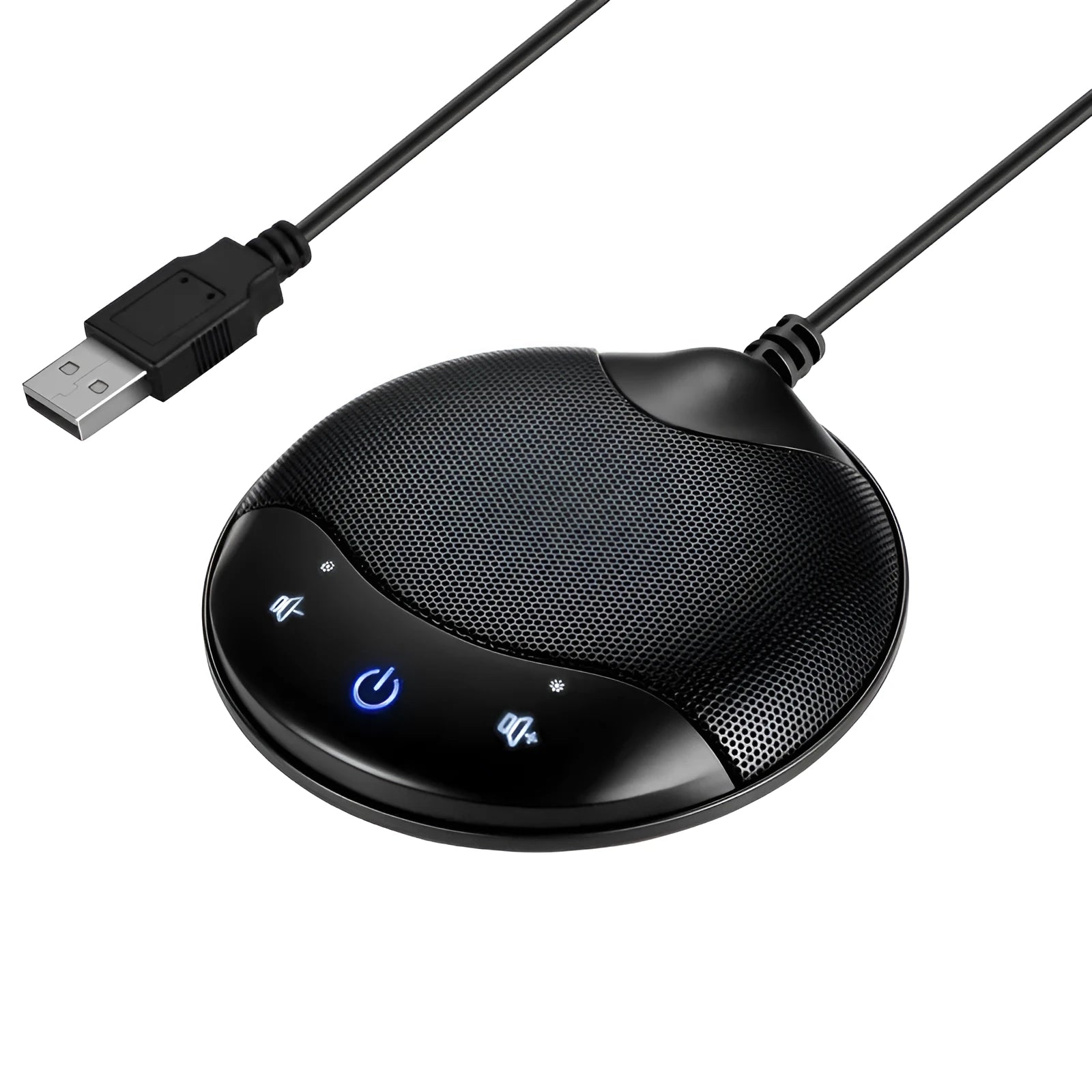 Black USB condenser microphone for conference and recording with 9x9x1.7cm desktop dimensions
