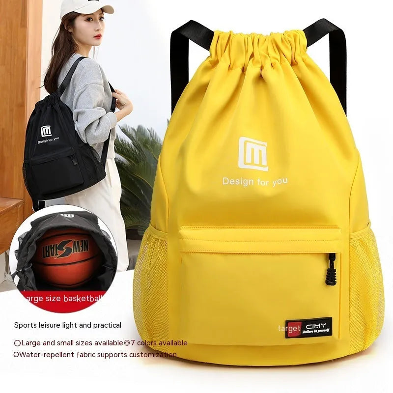 Water-repellent Oxford travel backpack with drawstring closure in black colour showing bucket shape and double shoulder straps