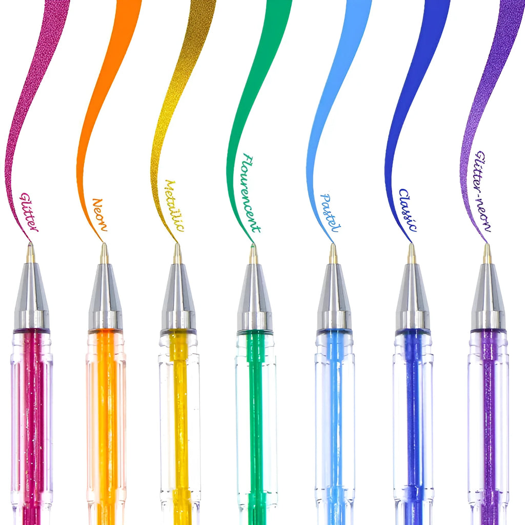 100-piece colour gel pen set with watercolour and highlighter functions showing dual tip sizes