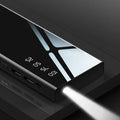 Black 20000mAh power bank with LCD display showing battery percentage and dual USB ports