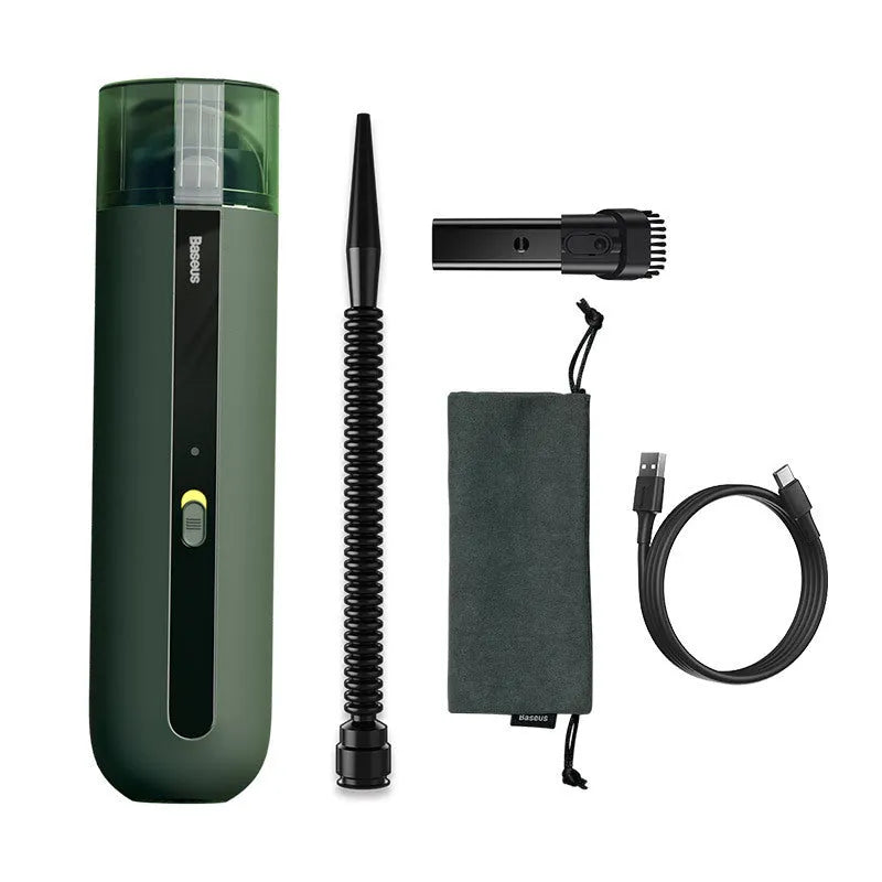 Wireless handheld car vacuum cleaner in black, white, or green with blowing hose attachment.