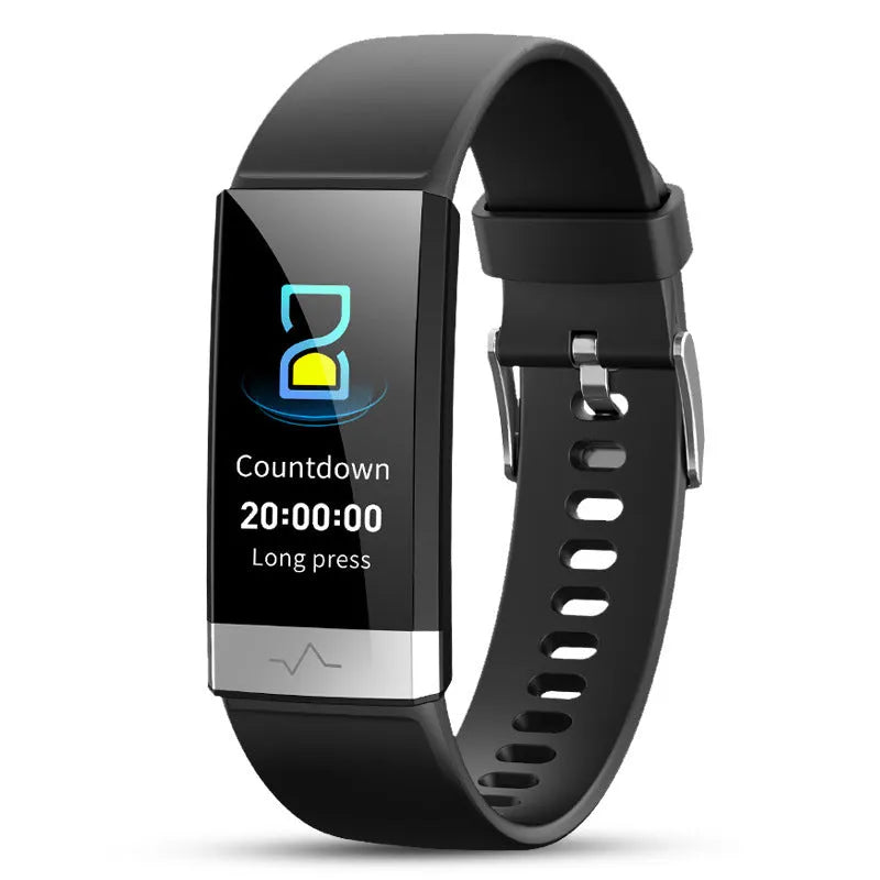 V19 smart fitness bracelet with coloured TPU strap on a wrist, showing its display and ECG sensor.
