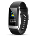V19 smart fitness bracelet with coloured TPU strap on a wrist, showing its display and ECG sensor.
