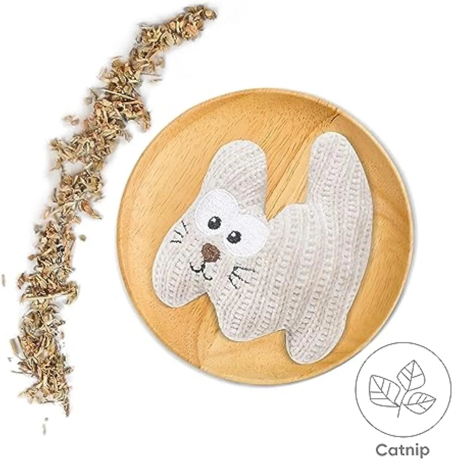 Cyan knitted plush cat toy with bell and catnip, measuring 12 by 11 centimetres.