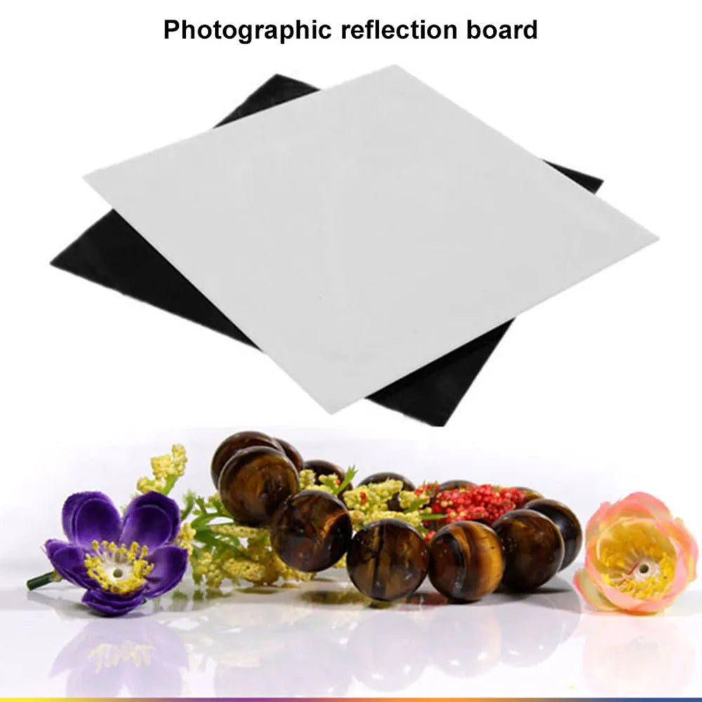 Black and white acrylic reflection boards in 20x20cm, 30x30cm, and 40x40cm sizes for photography