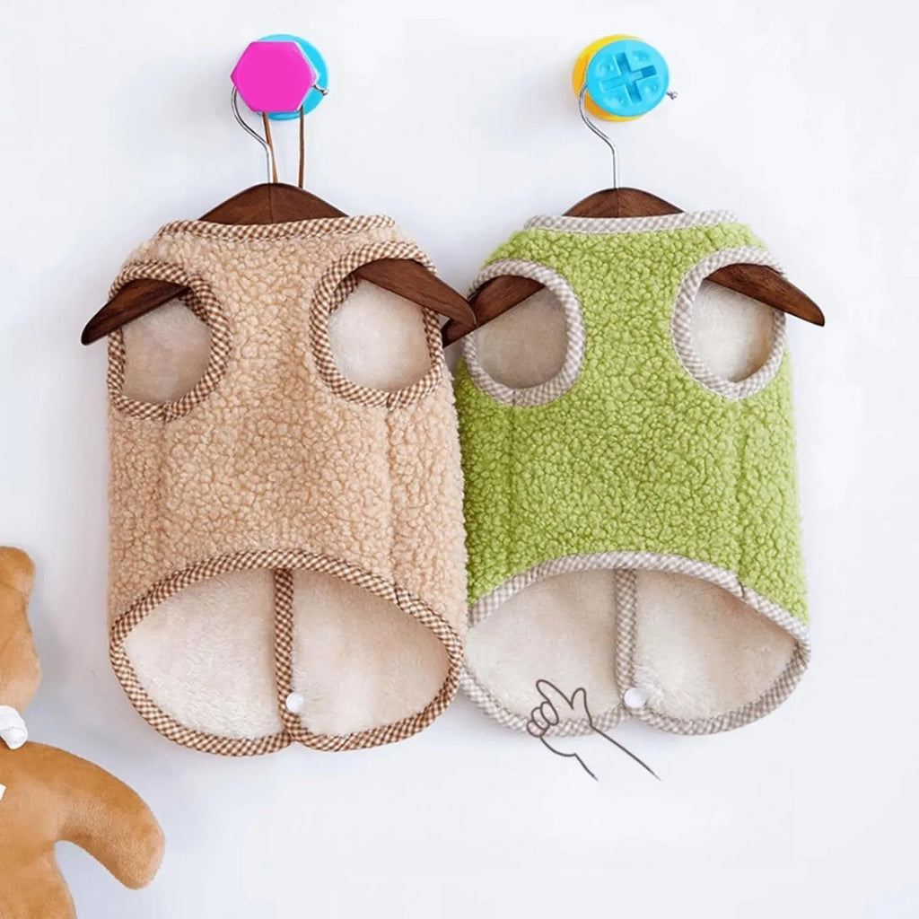 Green dog sweatshirt vest with coral fleece lining and leash ring for small pets