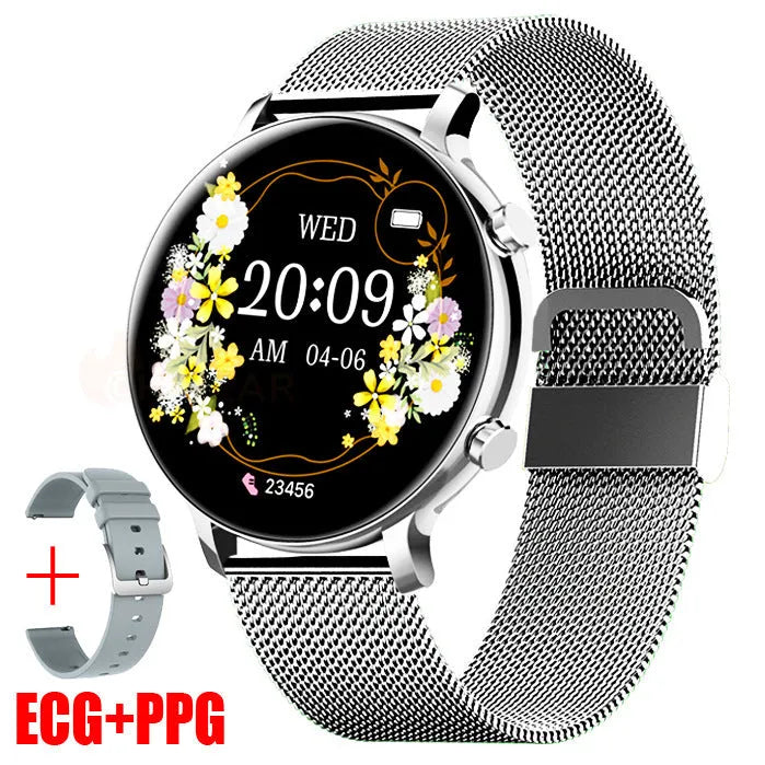 Stainless steel Bluetooth calling smartwatch with genuine leather strap showing screen display