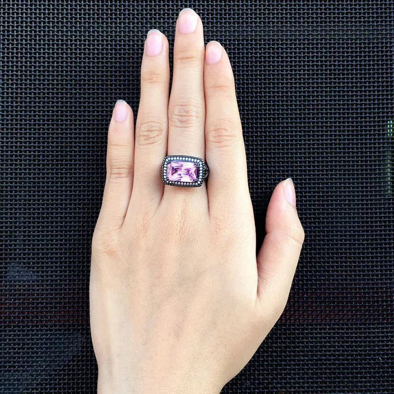 Black gold plated copper ring with pink zircon ball ornament inlay for women