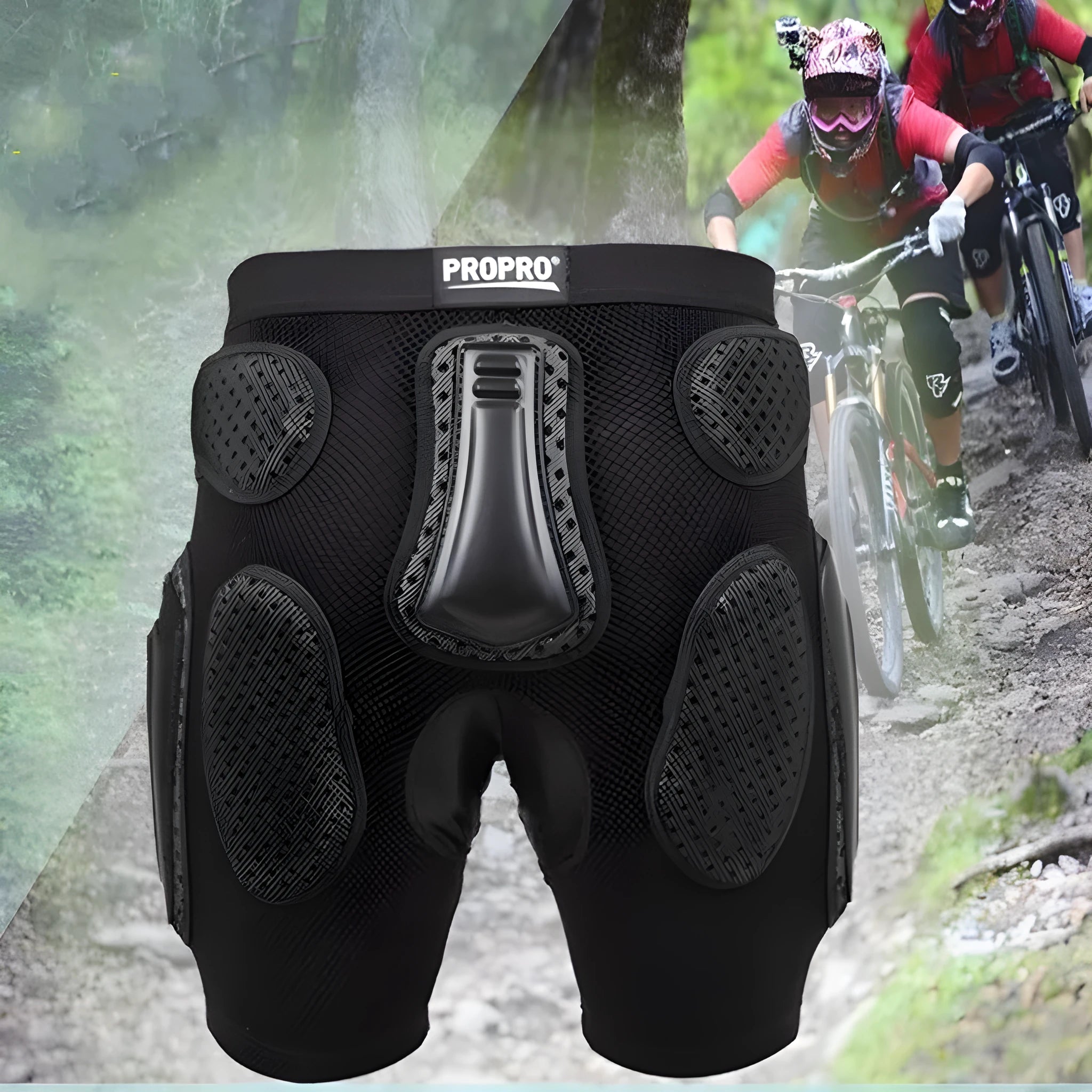 Black cycling hip pad protective pants shown in available sizes S, M, L, and XL