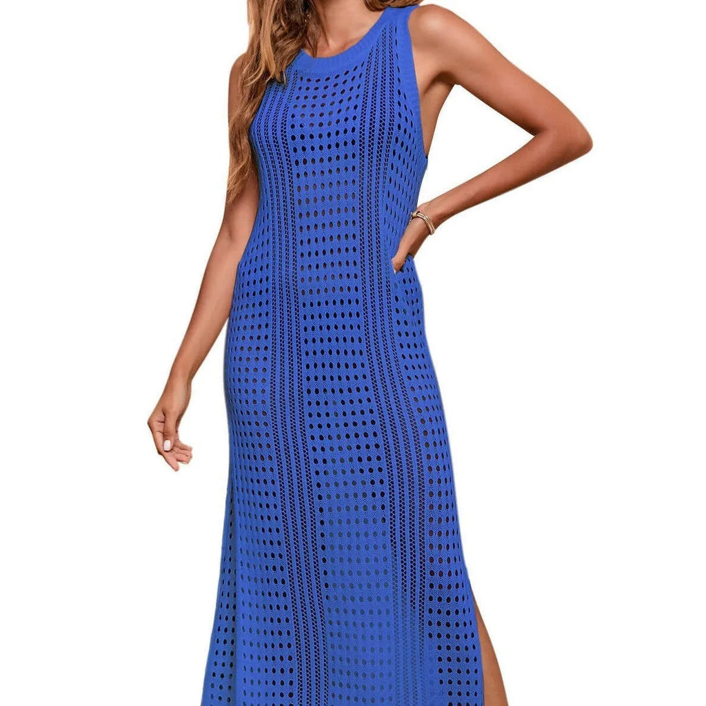 Loose beach knitted blouse with hollow-out pattern in solid colour on hanger