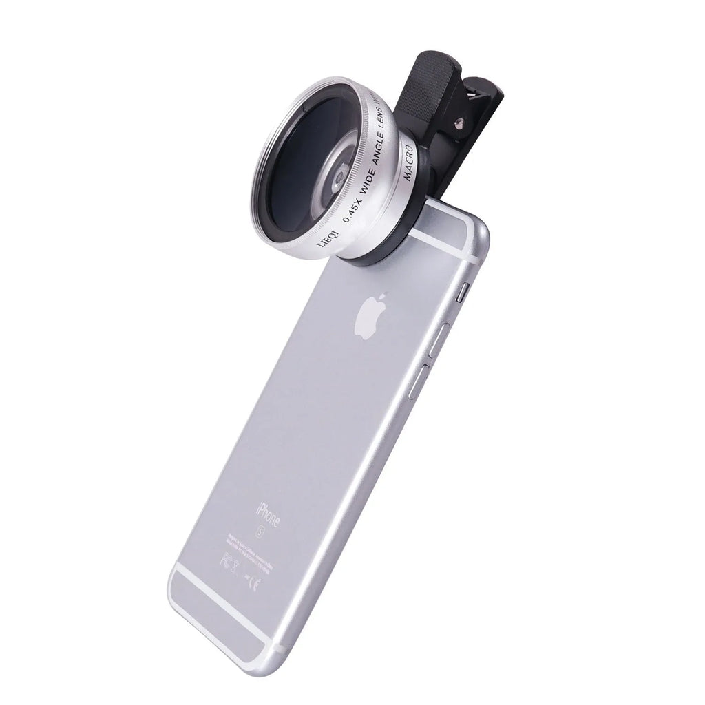 LIEQI external wide-angle and macro smartphone camera lens in metal housing.