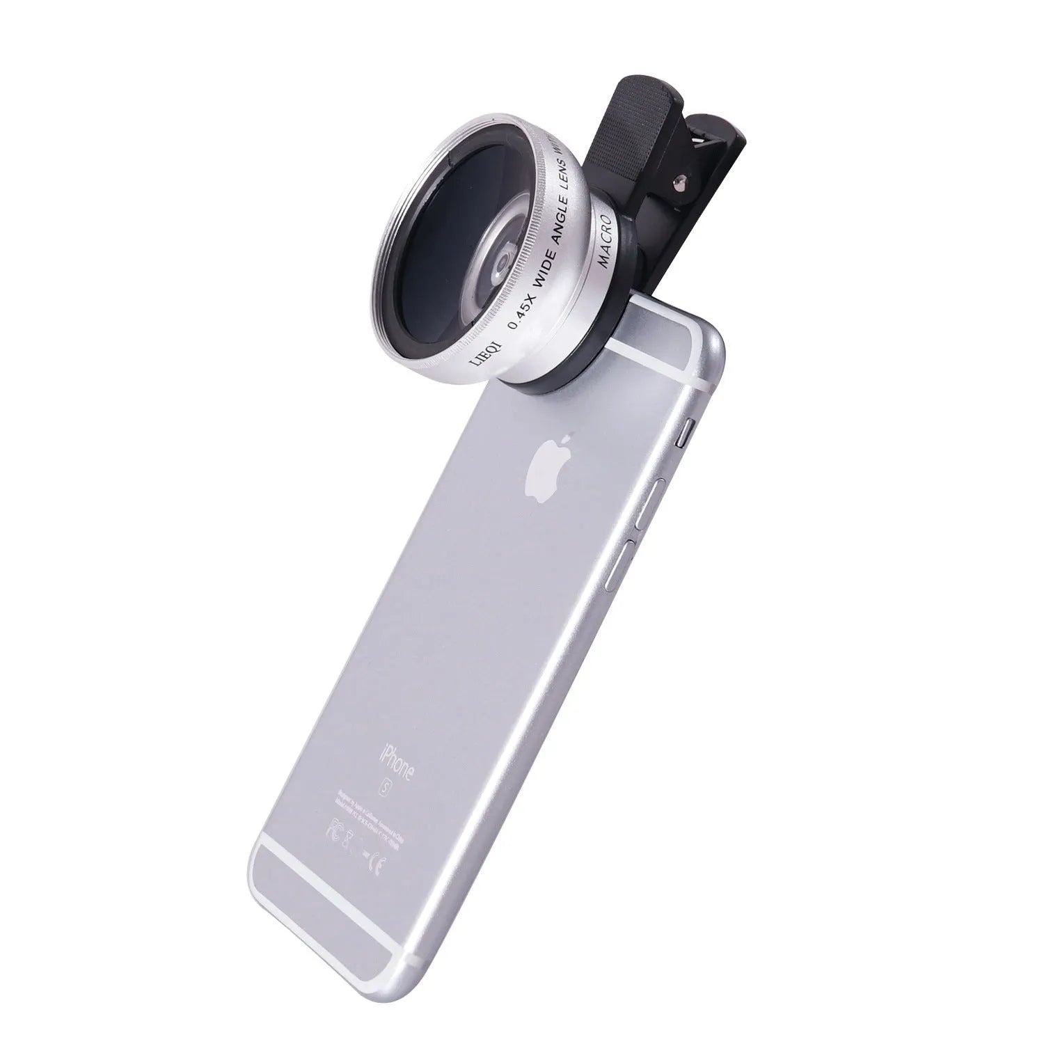 LIEQI external wide-angle and macro smartphone camera lens in metal housing.
