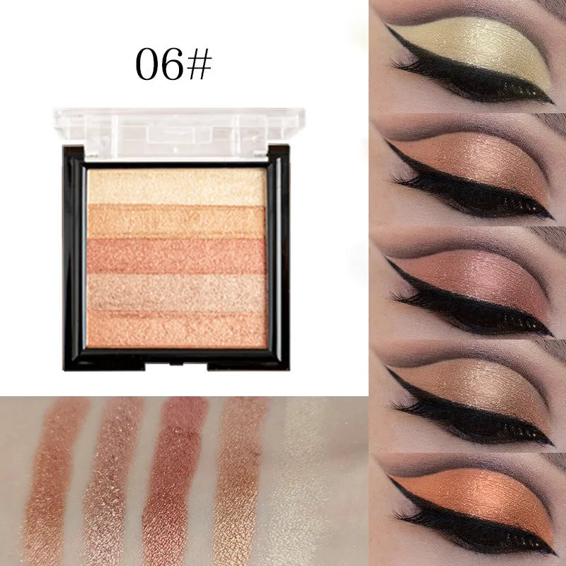 Eye shadow palette compact for highlighting and contouring, showing six colour style options with 12g net content.