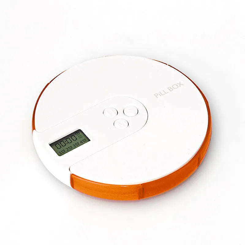 Blue 7-compartment alarm clock pill dispenser showing timer display and open lid with compartments.