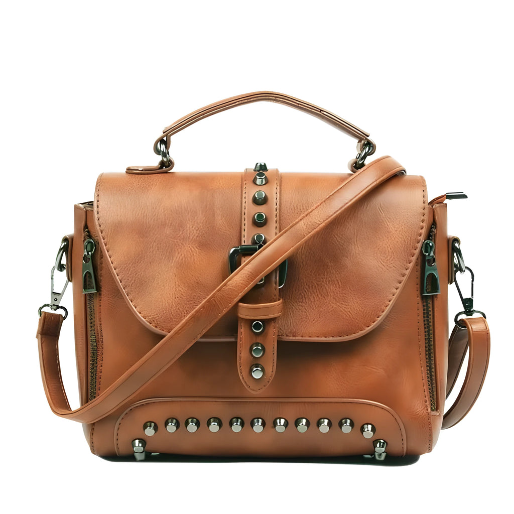 Women vintage leather crossbody handbag with flap pocket, rivet details, 25x20x12cm, available in five colours