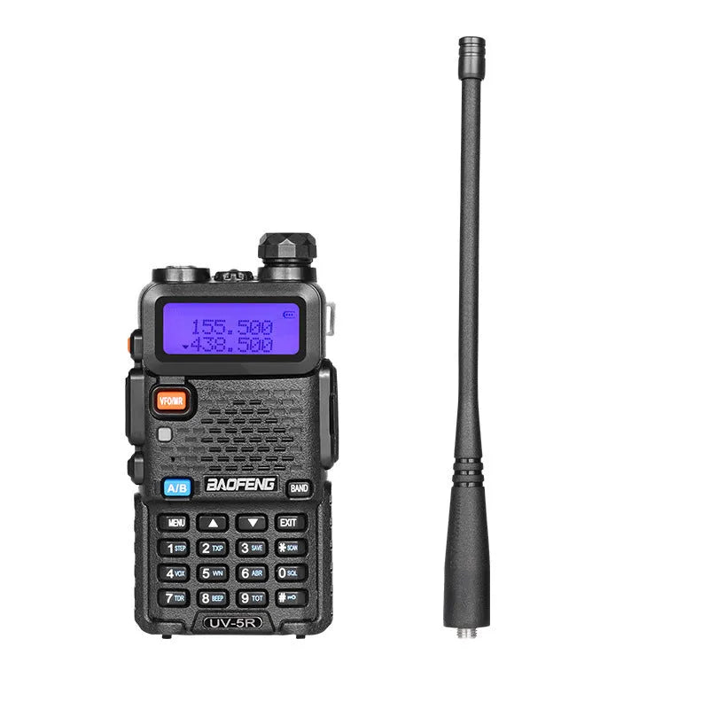 Black long-range walkie talkie with antenna showing compact dimensions for portable two-way communication.
