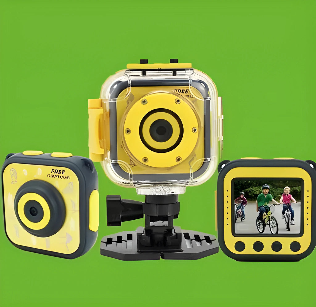 Yellow children's waterproof sports camera with 1.77-inch screen showing outdoor scene
