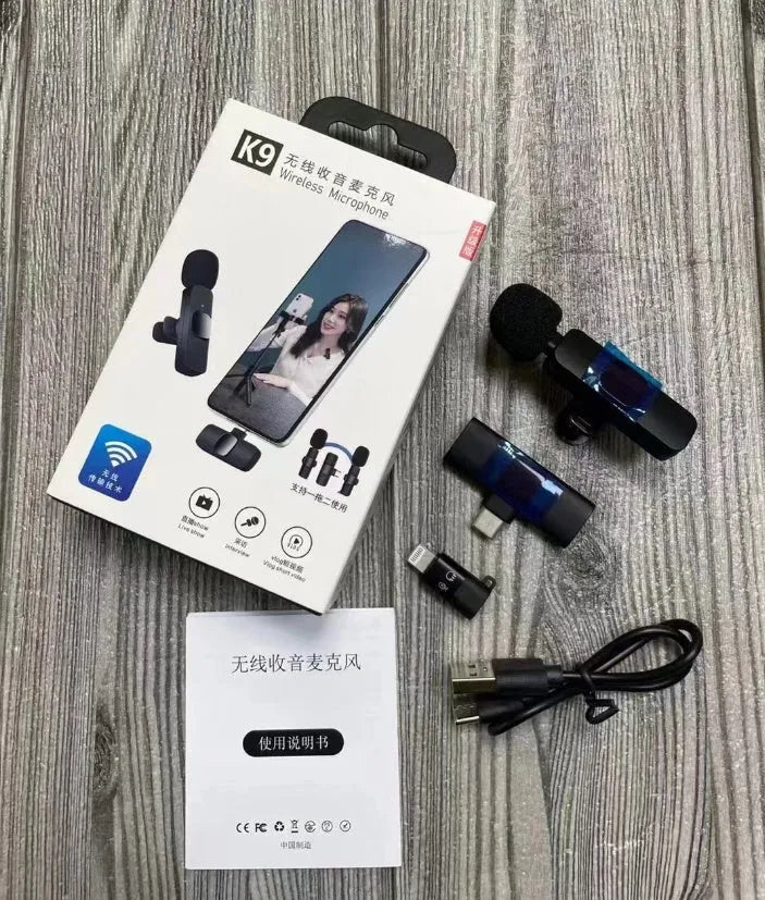 Wireless collar clip microphone for smartphones, showing clip design and available connection options.