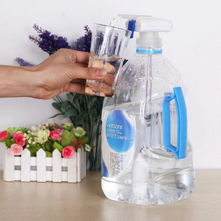 Electric pumping water device with blue press handle and long silicone straw for transferring milk and juice.