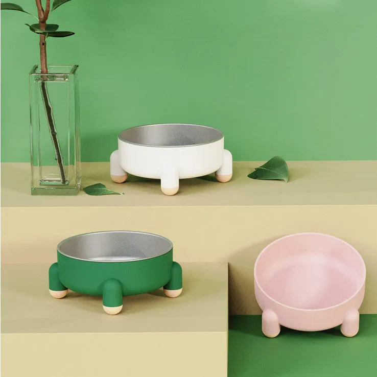 Non-slip stainless steel high foot pet bowl in green pink or white for dogs and cats