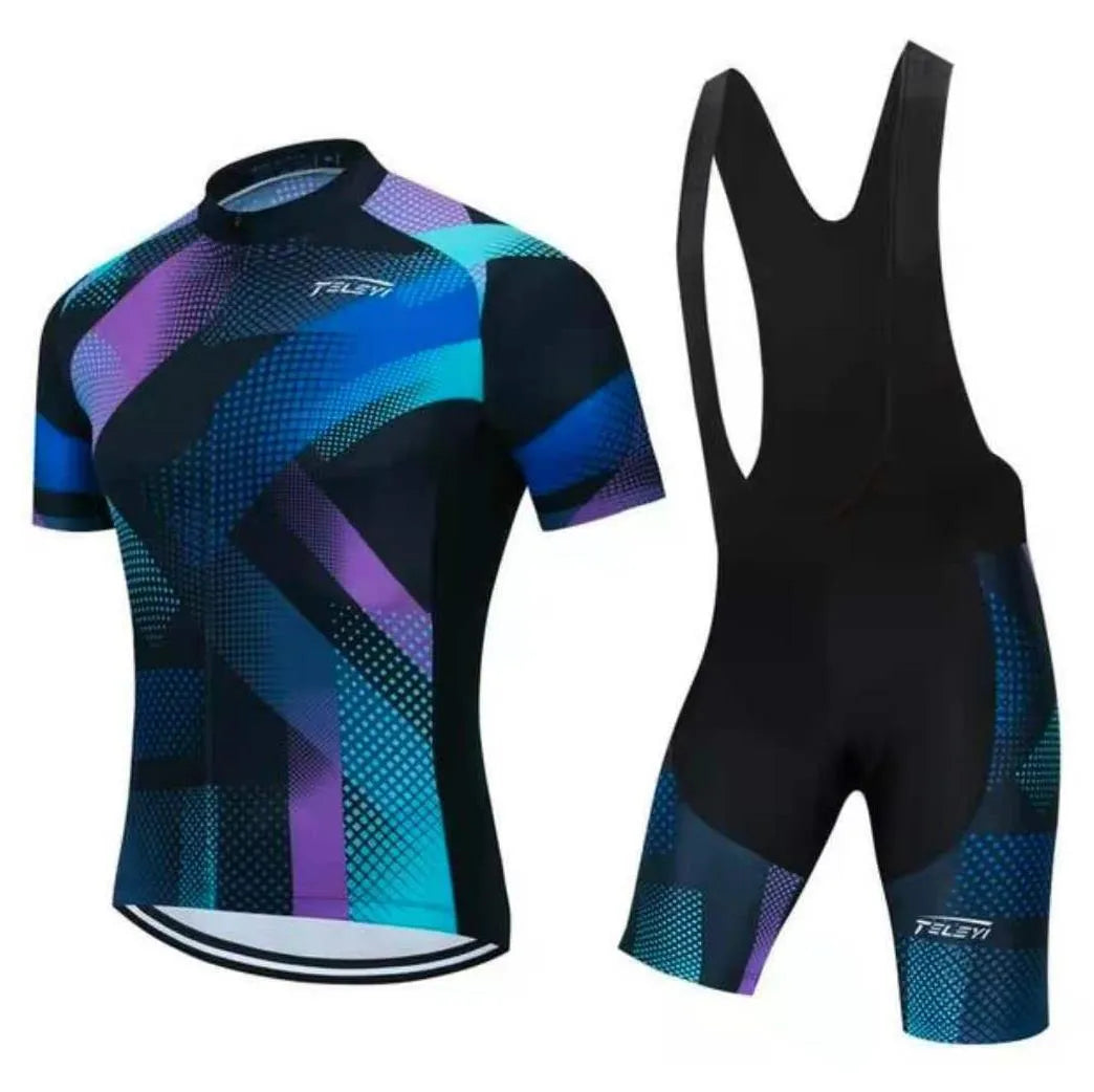 Cycling jersey and shorts set with moisture-wicking fabric in various style options for summer cycling