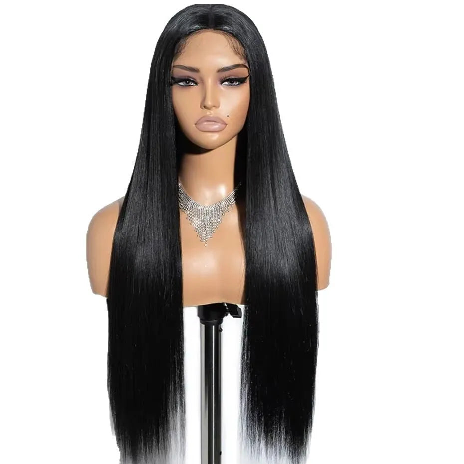 Glueless straight human hair wig with side bangs shown in natural black colour.