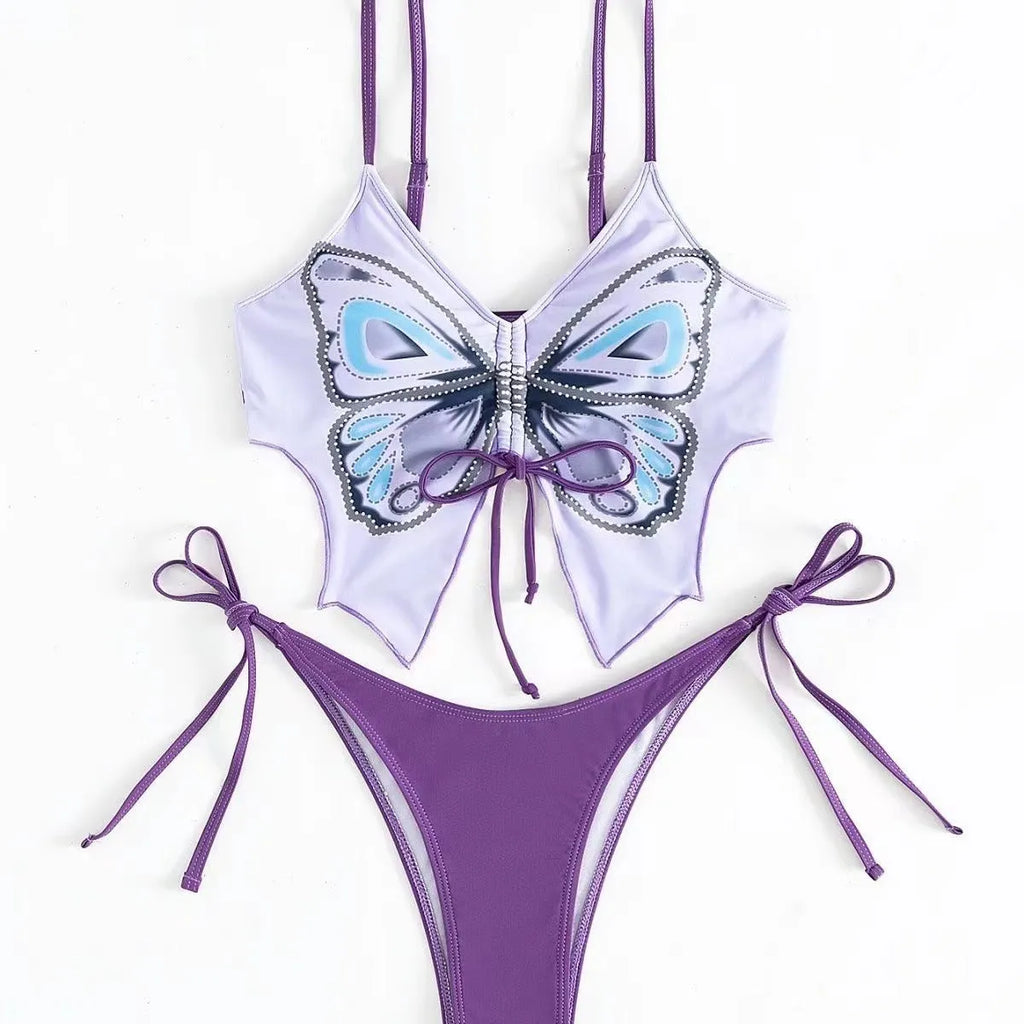 Women's purple bikini swimsuit with bow tie straps and European style briefs