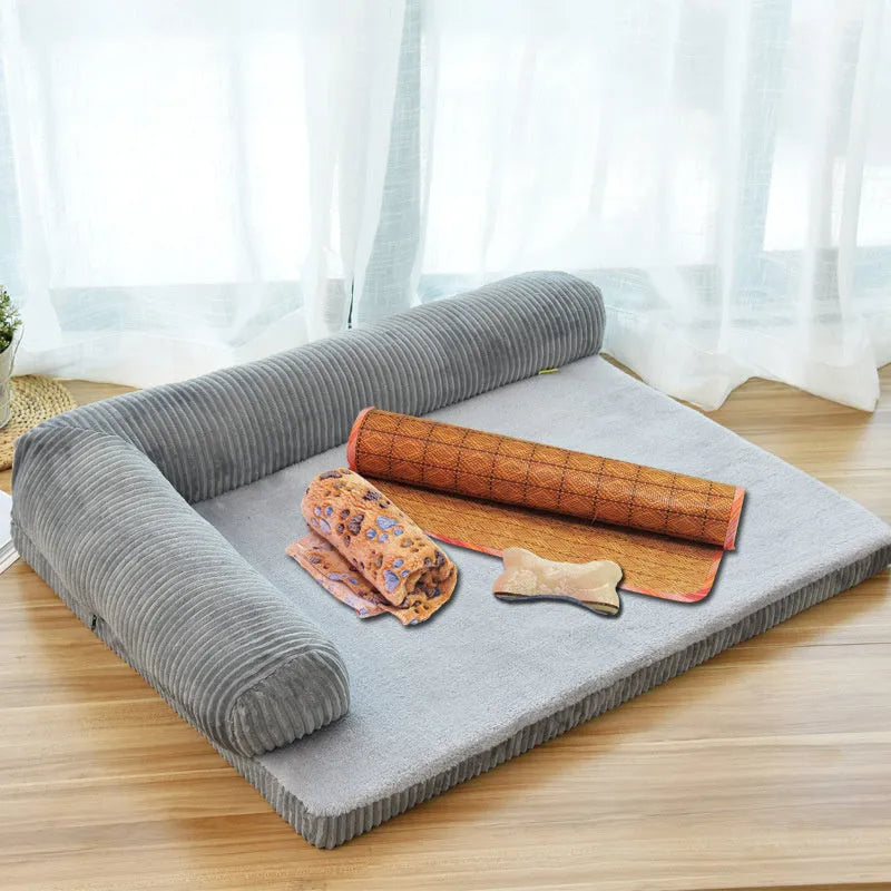 Corduroy dog bed sofa showing coffee colour option with non-slip base and four size variations