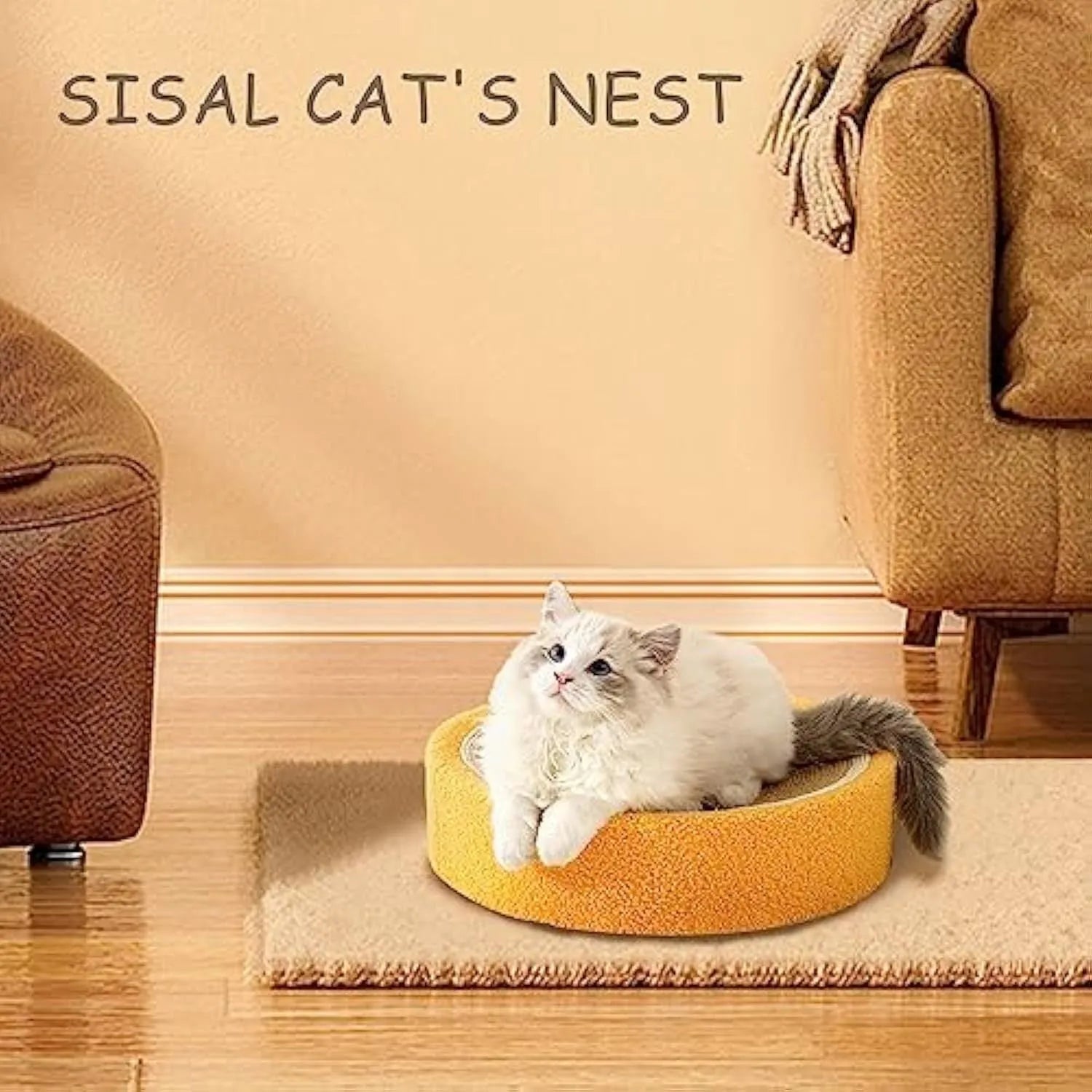 Round yellow sisal cat scratching board and bed with fruit design