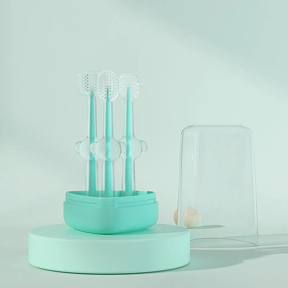 Soft silicone pet toothbrush for dogs and cats in purple, blue, and green colours with curved handle