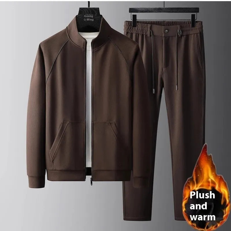 Men's stand collar casual sports suit jacket and trousers in slim fit.
