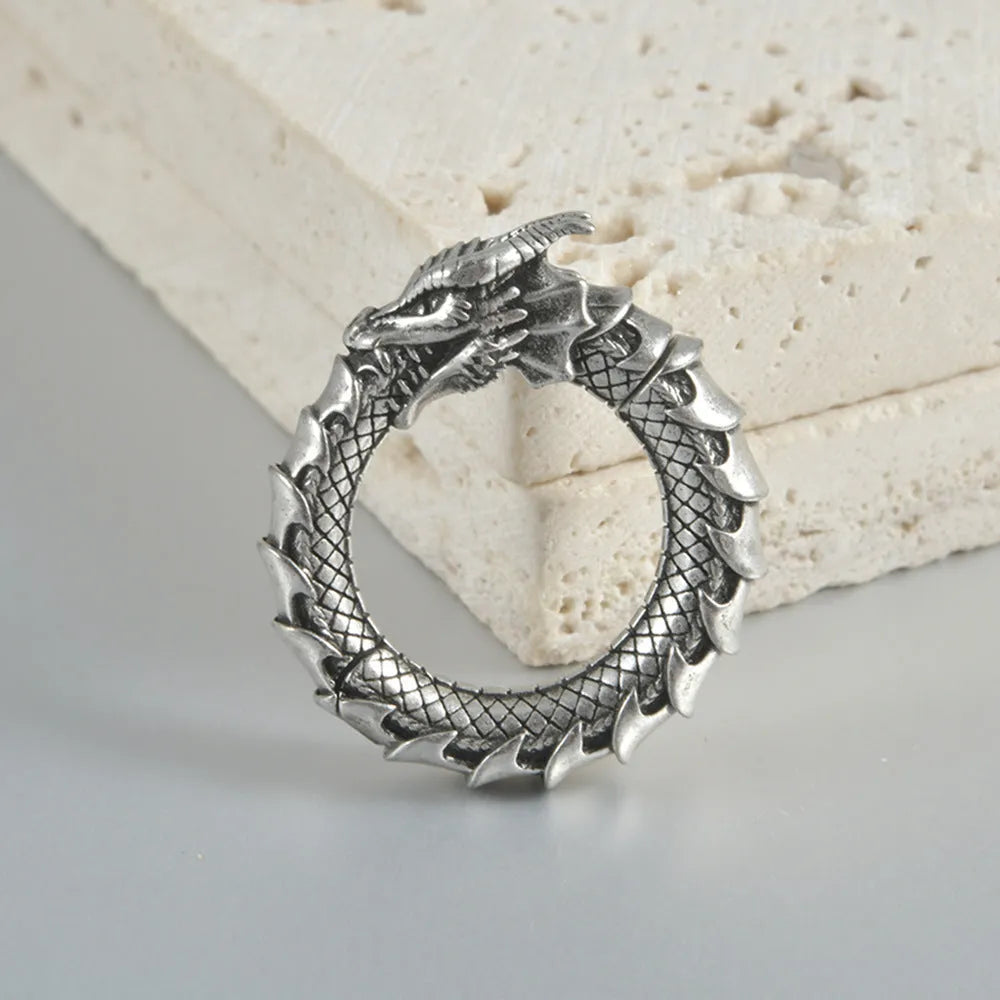 Geometric dragon shape stainless steel earrings in antique silver with hollow-out detail.