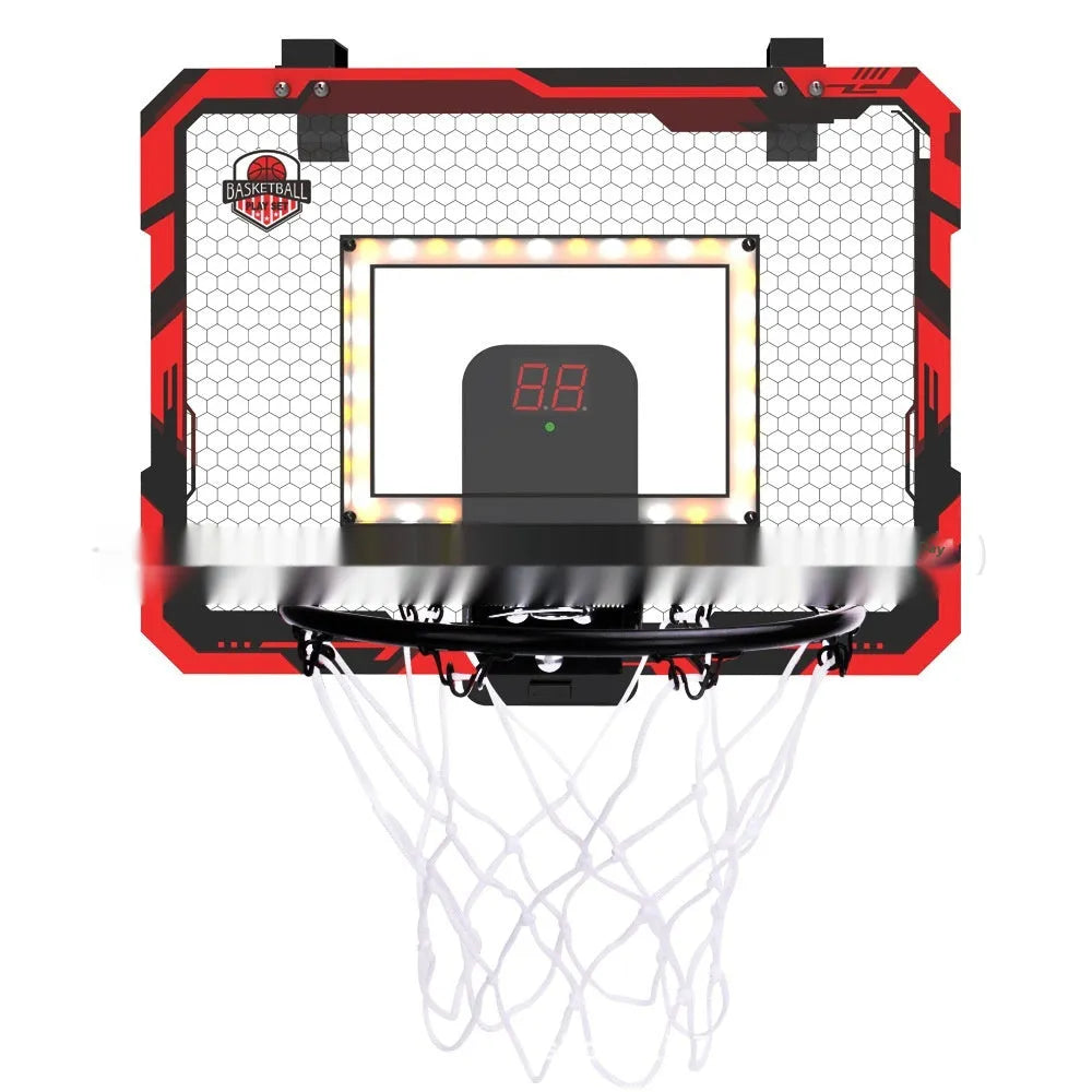 Red and blue folding basketball frame toy with suction cups mounted on a wall, shown with a basketball.
