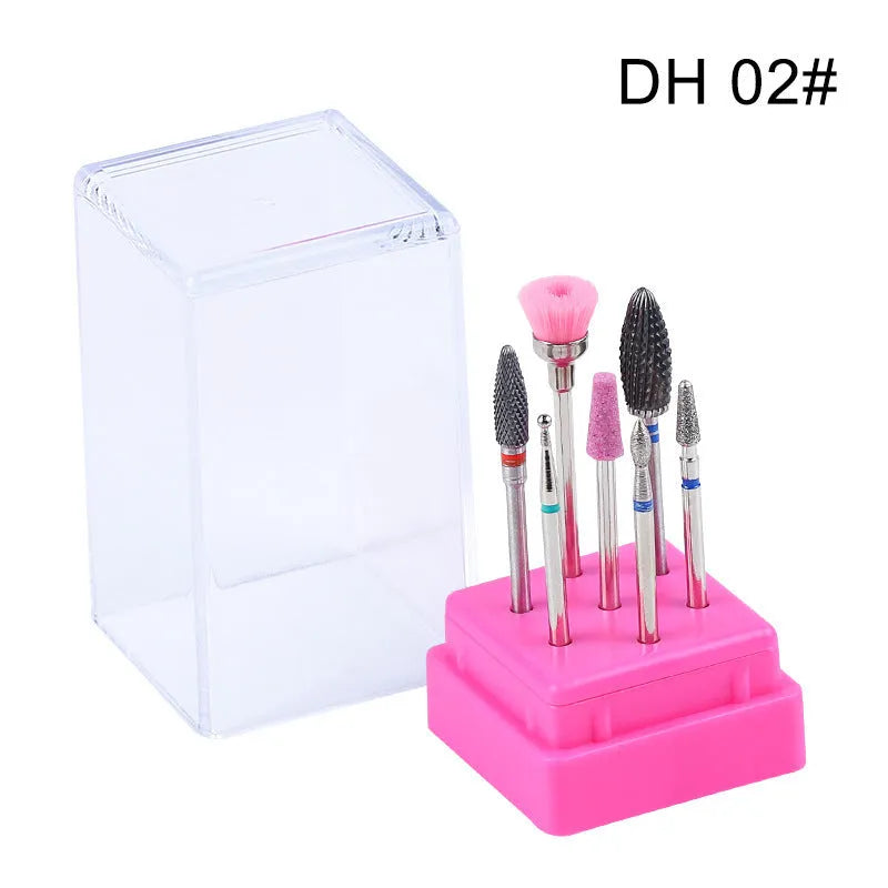 Tungsten steel nail polishing head set with 7 pieces including drill bits and brush