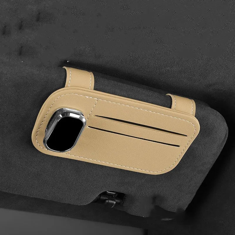 Cowhide leather automotive sun visor card holder with glasses clip in various colours.