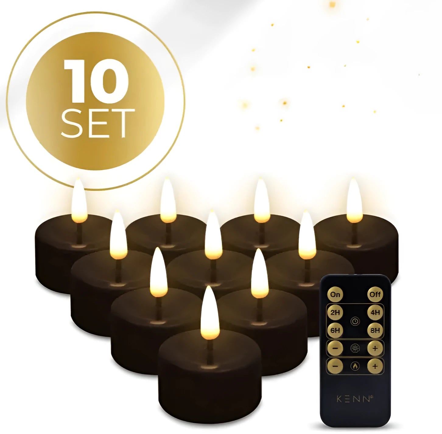 Four black plastic LED tealight candles with flickering flame effect, shown from the side.