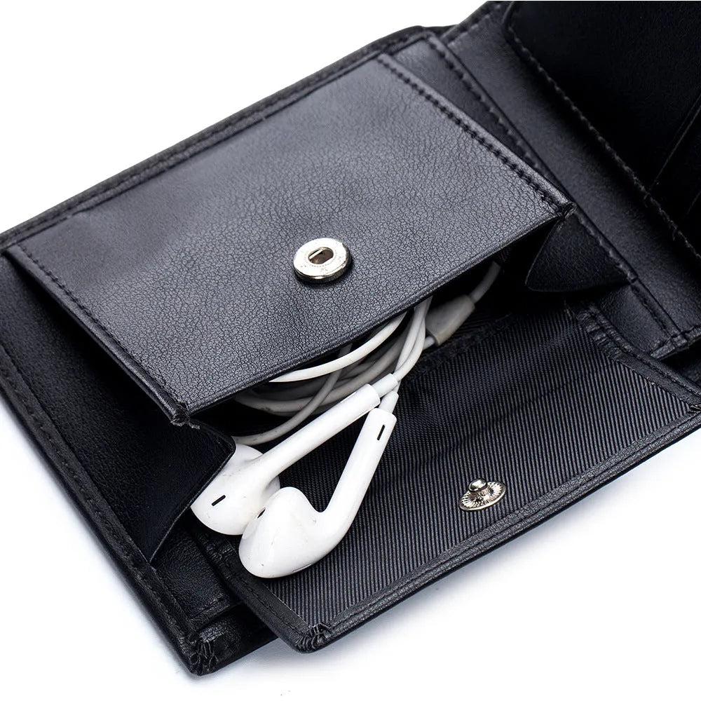 Soft cowhide trifold wallet for men in black with European and American retro print genuine leather
