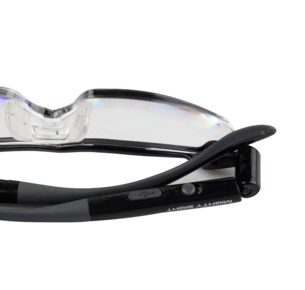 Transparent black USB LED reading glasses with integrated lighting for scheduled reading use