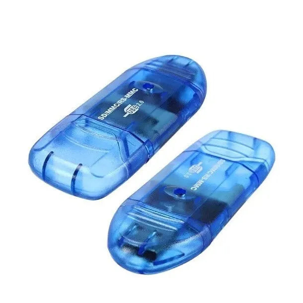 Transparent USB card reader with optional LED light on a desk next to memory cards.