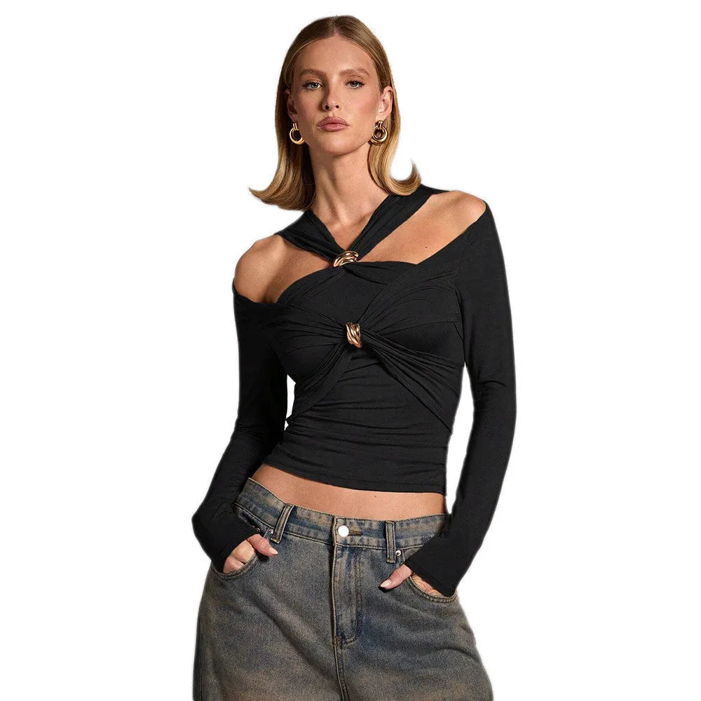 Black women's halter neck top with shoulder-baring design and slim fit silhouette