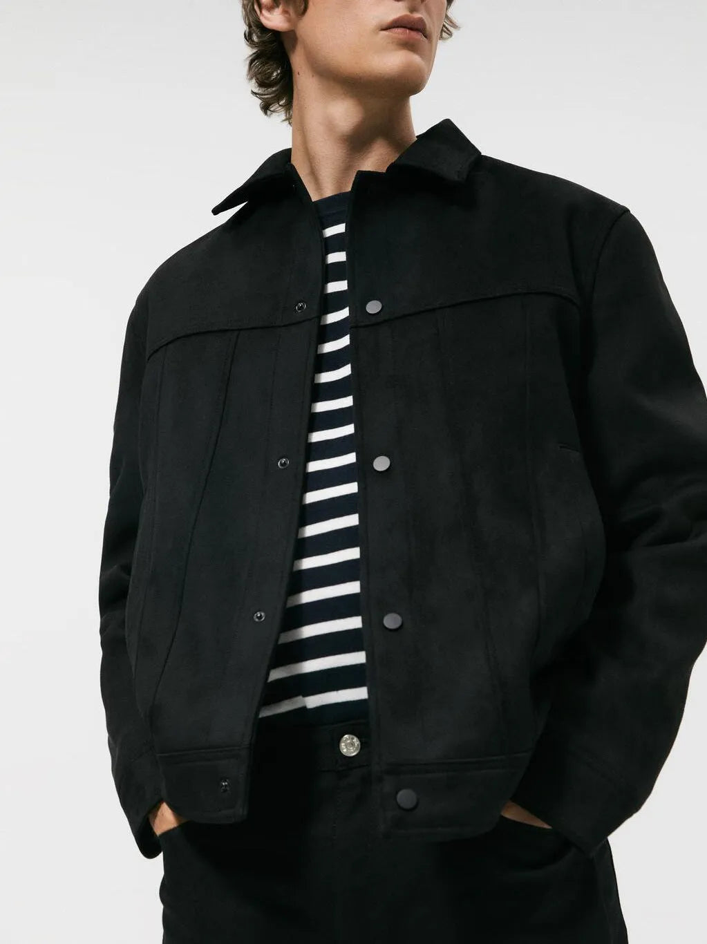 Black men's hooded casual jacket with a textured suede collar and side pockets.
