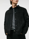 Black men's hooded casual jacket with a textured suede collar and side pockets.