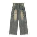 Loose-fit light blue distressed denim jeans with multiple tooling pockets on a straight-leg cut