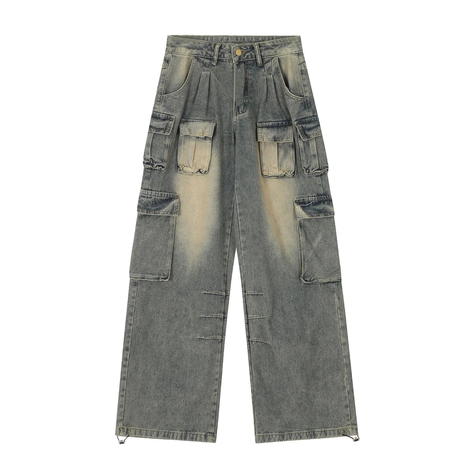 Loose-fit light blue distressed denim jeans with multiple tooling pockets on a straight-leg cut