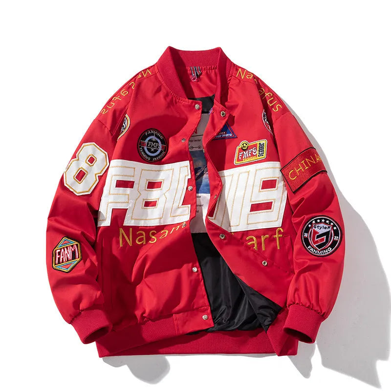 Black American motorcycle-style loose-fit baseball jacket with side pocket, shown with detachable hood.