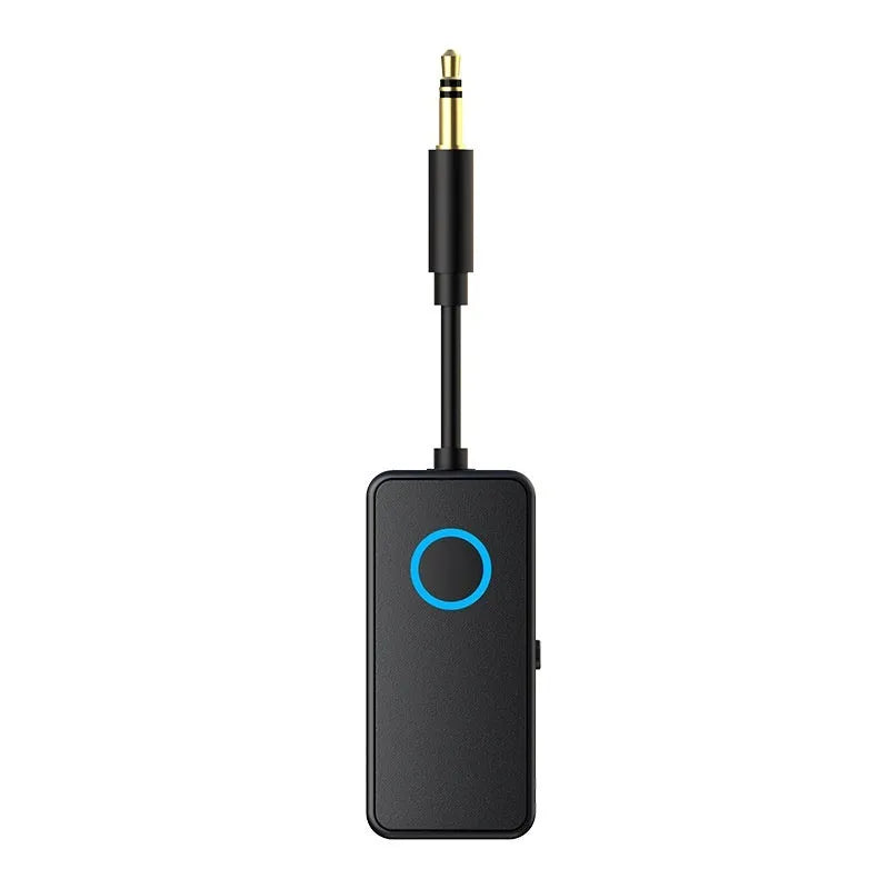 Black Bluetooth 5.4 audio adapter with 3.5mm plug for wireless streaming to car stereos and speakers