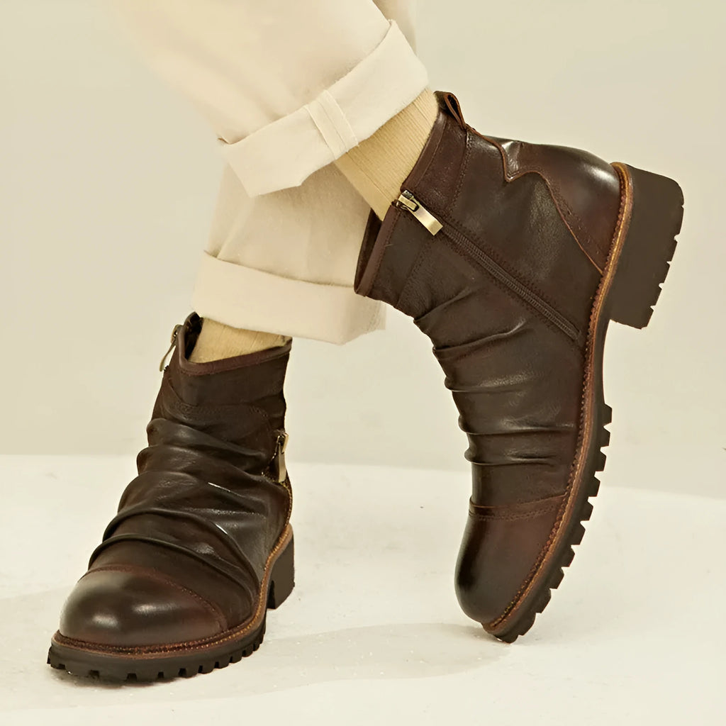 Men's black cowboy boots with side zipper and embossed PU upper