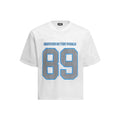 Loose-fitting casual t-shirt with alphanumeric printing in white or black chemical fibre blend fabric