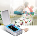Blue and white ultraviolet disinfection box for mobile phones with display showing interior.